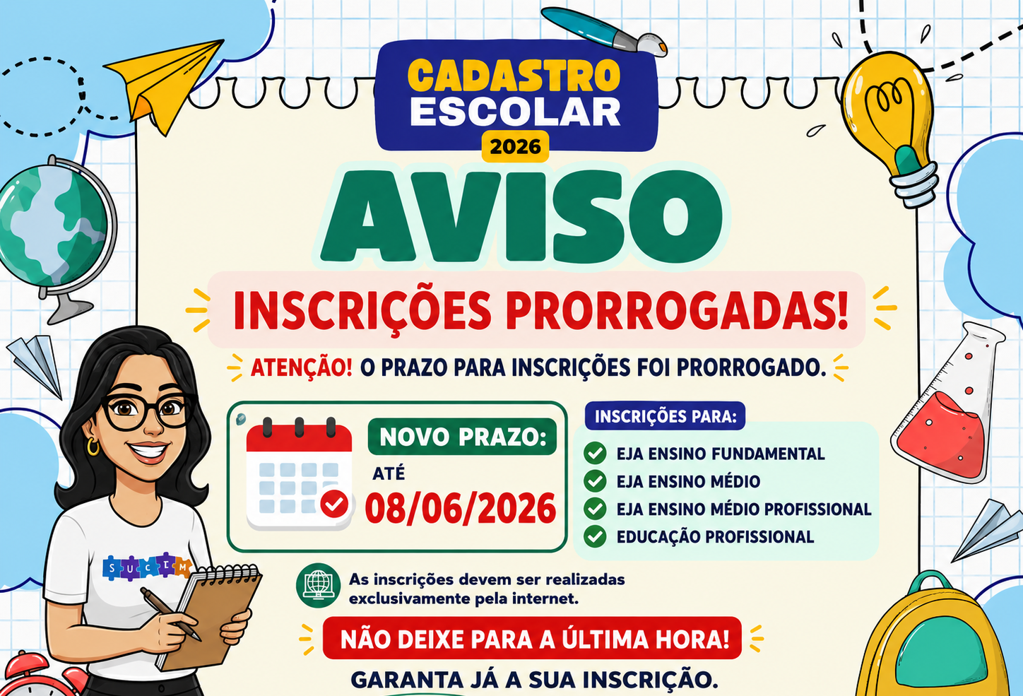 O prazo para inscrições da Educação de Jovens e Adultos (EJA) e da Educação Profissional da rede estadual de Minas Gerais foi prorrogado!